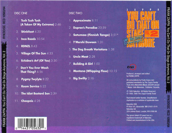 Frank Zappa - You Can't Do That On Stage Anymore Vol. 2 - Helsinki Concert Double CD Import