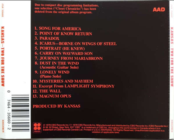 Kansas - Two For the Show CD Import