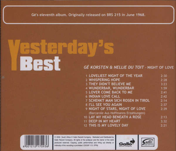 Gé Korsten & Nellie du Toit - Night of Love CD Rare