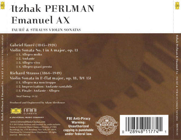 Itzhak Perlman & Emanuel Ax - Fauré & Strauss Violin Sonatas CD Import Sealed