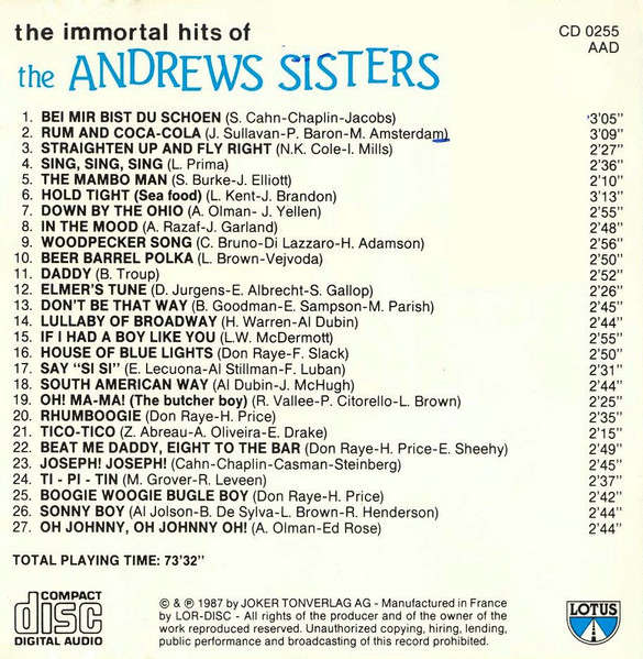 Andrews Sisters - Immortal Hits of CD Import