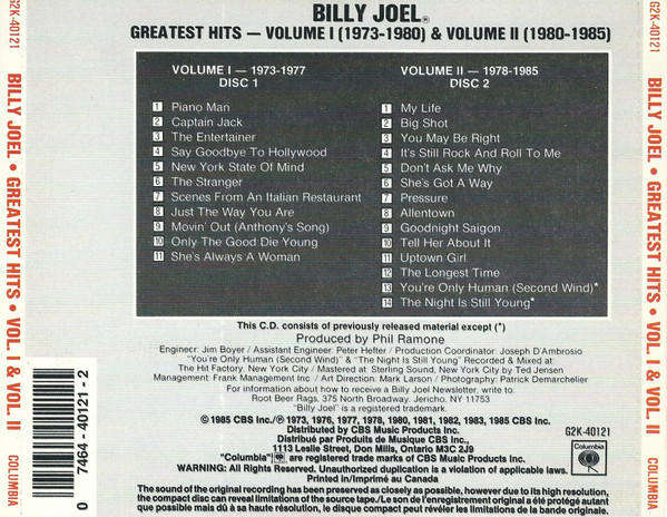 Billy Joel - Greatest Hits Volume I & Volume II Double CD Import