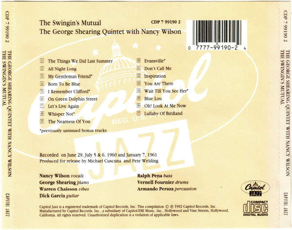 George Shearing Quintet & Nancy Wilson - Swingin's Mutual CD Import