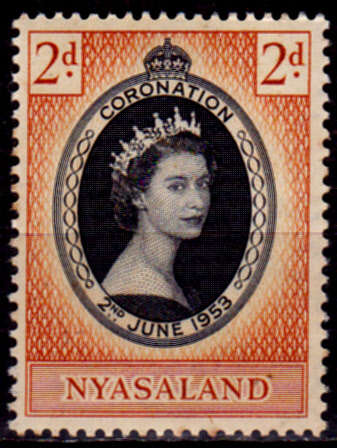 NYASALAND 1953, 2 June. CORONATION OF HRM QEII, single, MH, CV +/- R 10.00, view scans