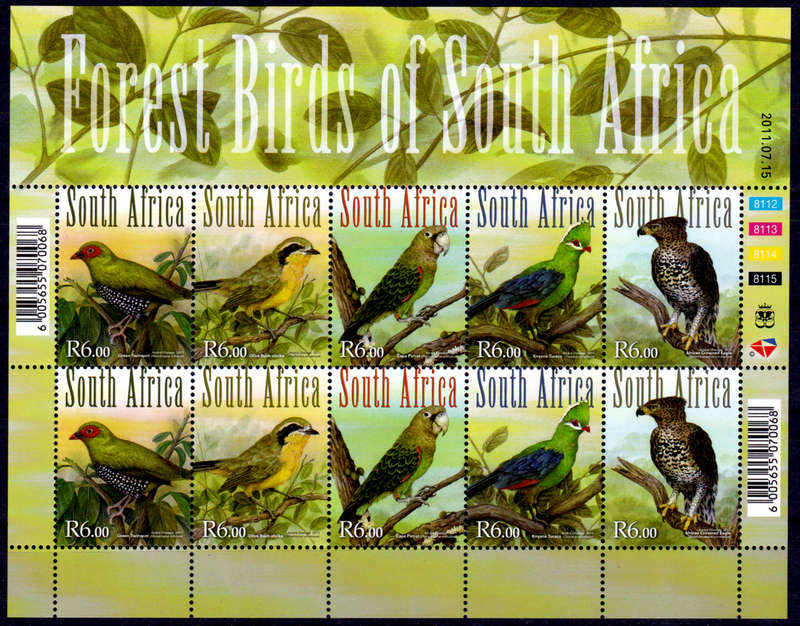 RSA 2011, 15 July. FOREST BIRDS OF SA, sheetlet, MNH, CV R 500.00 view scans
