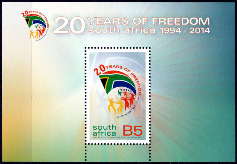 RSA 2014, 15 Aug. 20 YEARS OF FREEDOM, minisheet, MNH, CV R 60.00 view scans