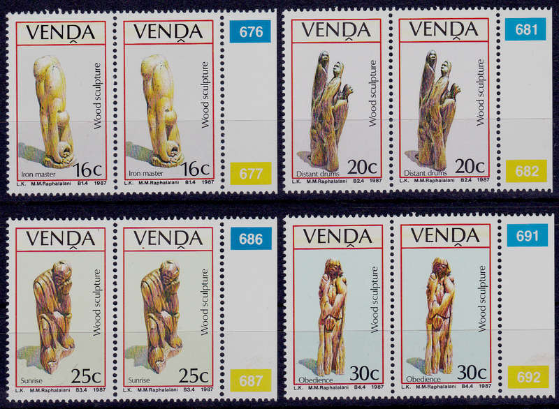 VENDA 1987, 9 April. WOOD SCULPTURES, set pairs, MNH, CV R 20.00 view scans