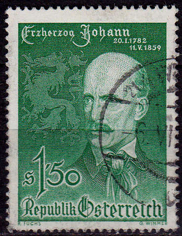 AUSTRIA 1959, 11 May. 100th ANNIV DEATH ARCHDUKE JOHANN, single, UH, CV +/-R 5.00 view scans