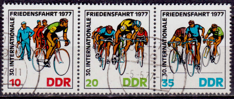 GERMANY DDR 1977, 19 April. CYCLING - 30th PEACE EVENT, strip of 3, UH, CV+/- R 20.00 view scans