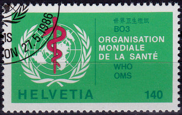 SWITZERLAND WHO 1986, 27 May. WHO EMBLEM INSCRIPTION, single, CTO, CV +/-R ?? view scans