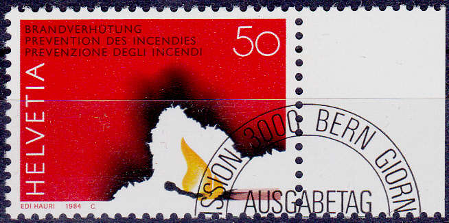 SWITZERLAND 1984, 11 Sept. FIRE PREVENTION, single, CTO, CV +/-R ?? view scans