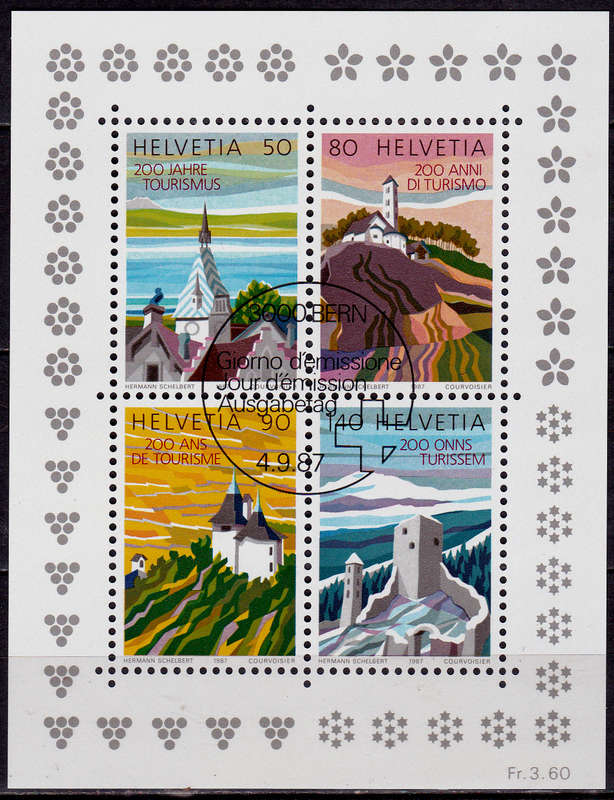 SWITZERLAND 1987, 4 Sept. 200th ANNIV OF TOURISM, minisheet, CTO, CV +/-R ?? view scans
