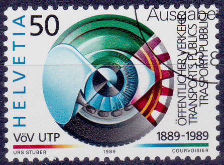 SWITZERLAND 1989, 7 March. 100th ANNIV SWISS PUBLIC TRANSPORT, single, CTO, CV +/-R ?? view scans