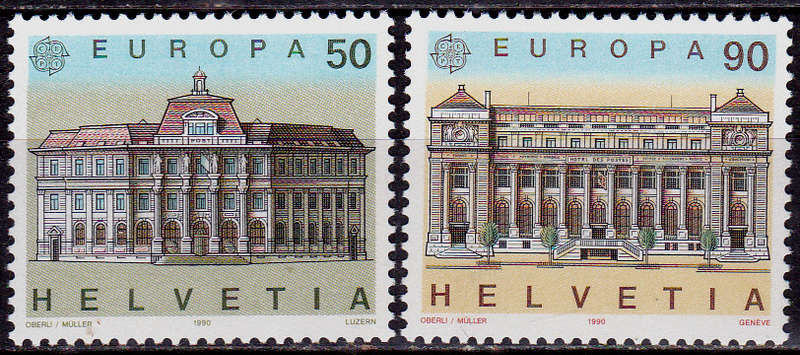 SWITZERLAND 1990, 22 May. EUROPA STAMPS POST OFFICES, set, MNH, CV +/-R 45.00 view scans