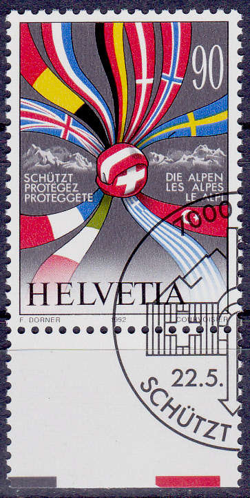 SWITZERLAND 1992, 22 May. PROTECTION OF THE ALPS, single, CTO, CV +/-R ?? view scans