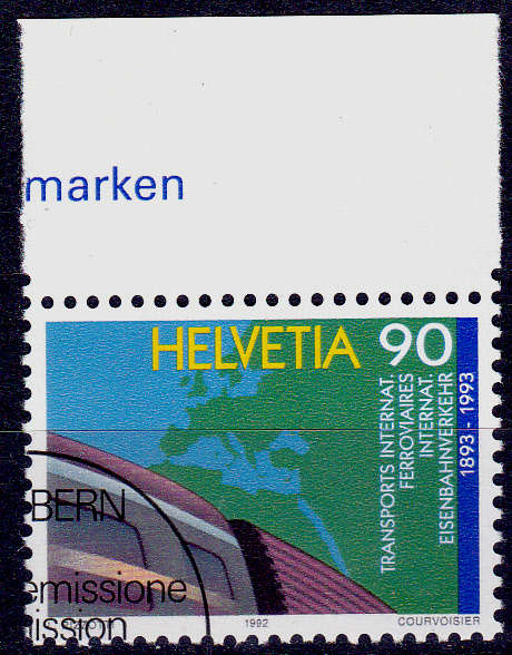 SWITZERLAND 1992, 24 Nov. CENTRAL OFFICE INTL RAILWAY, single, CTO, CV +/-R ?? view scans
