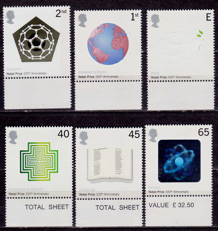 ENGLAND 2001, 2 Oct. 100th ANNIV NOBEL PRIZE, set, MNH, CV+/- R 155.00 view scans