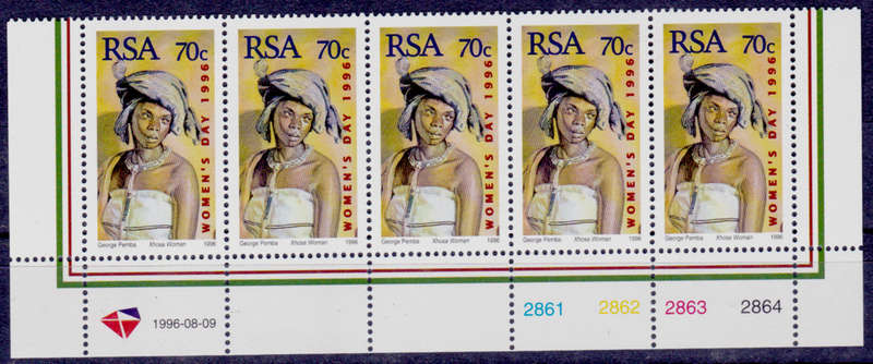RSA 1996, 9 Aug. NATIONAL WOMENS DAY, control strip, MNH, CV R 25.00 view scans