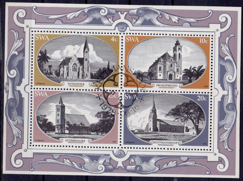 SWA 1978, 16 June. HISTORIC CHURCHES in SWA, minisheet no 4, CTO, CV R ?? view scans