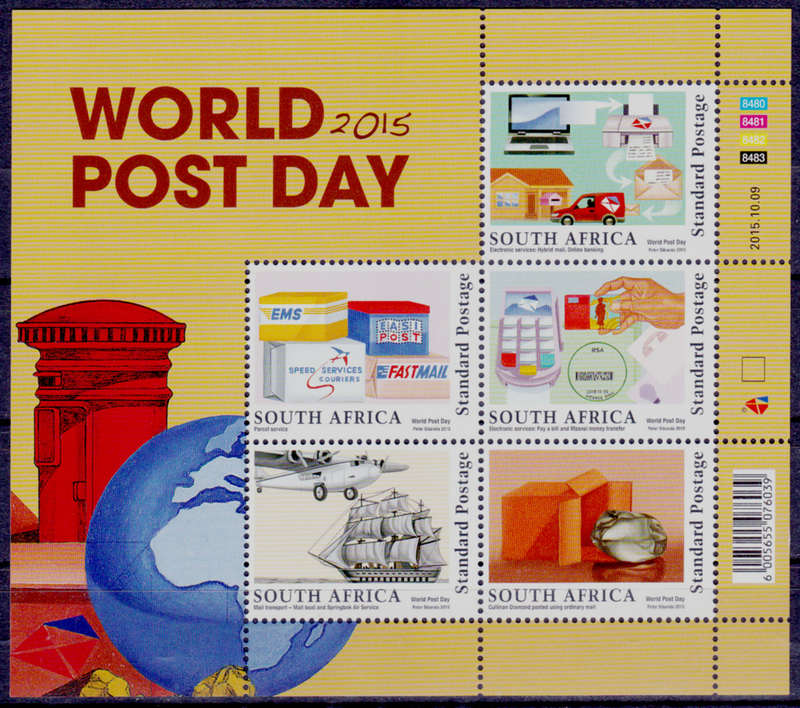 RSA 2015, 9 Oct. WORLD POST DAY, sheetlet, MNH, CV R 150.00 view scans