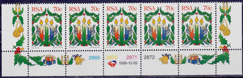 RSA 1996, 9 Oct. CHRISTMAS 1996, control strip of 5, MNH, CV R 20.00 View scans