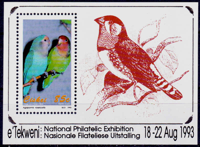 CISKEI 1993, 16 July. CAGE AND AVIARY BIRDS, minisheet, MNH, CV R 60.00, view scans