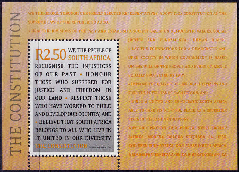 RSA 2011, 23 May. THE CONSTITUTION, minisheet, MNH, CV R 20.00 view scans