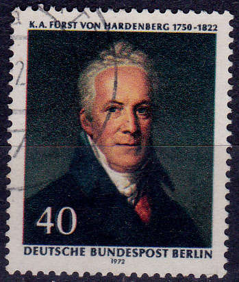 GERMANY BERLIN 1972, 10 Nov. 150th ANNIV KAF VON HARDENBERG, single, UH, CV +/-R 10.00 view scans