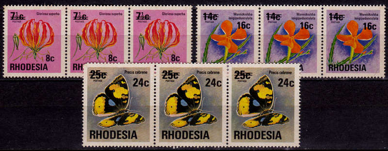 RHODESIA 1976, 1 July, SURCHARGES ON 1974 DEFINITIVES, set x 3, MNH, CV R 27.00 view scans