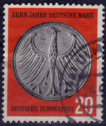 GERMANY 1958, 20 June. 10th ANNIV of the D-MARK, single, UH, CV +/-R  8.00 view scans