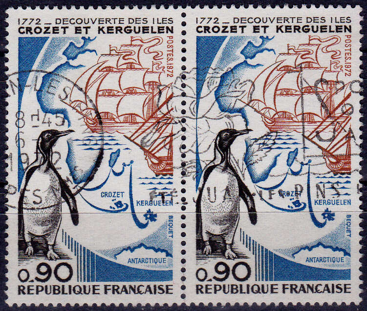 FRANCE 1972, 29 Jan. 200th ANNIV DISCOVERY CROZET ISLANDS, single pair, UH, CV +/-R 30.00 view scans