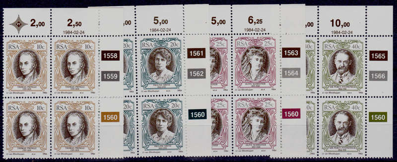 RSA 1984, 24 Feb. SA ENGLISH AUTHORS, set controls, MNH, CV R 40.00 view scans