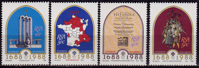 RSA 1988, 13 April. 300th ANNIV ARRIVAL FRENCH HUGUENOTS, set, MNH, CV R 10.00 view scans