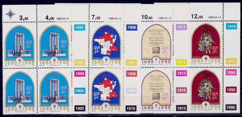 RSA 1988, 13 April. 300th ANNIV ARRIVAL FRENCH HUGUENOTS, set controls, MNH, CV R 40.00 view scans