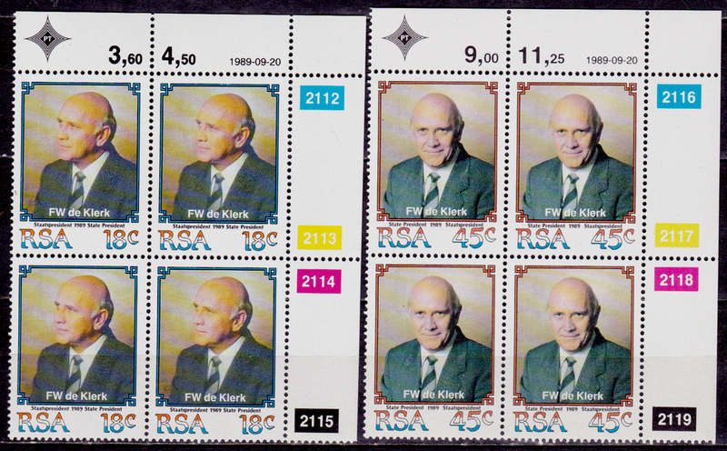 RSA 1989, 20 Sept. INAUG OF SP FW de KLERK, set controls, MNH, CV R 20.00 view scans