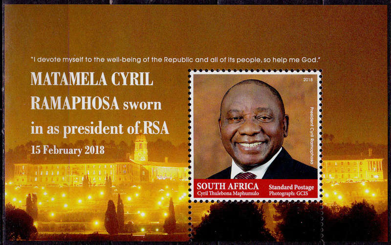RSA 2018, 9 Oct. INAUG OF PRES RAMAPHOSA, minisheet, MNH, CV R 50.00 view scans