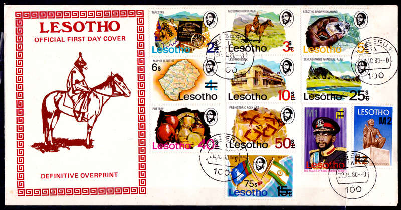 LESOTHO 1980 OVERPRINTED STAMPS, set, FDC with variety on 3s, CV+/- R 350.00, view scans