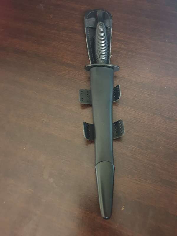 FAIRBAIRN SYKES COMMANDO KNIFE, BLACK HANDLE, BRIGHT BLADE, LEG SHEATH.