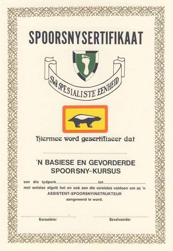 SADF SWA Tracker Qualification Certificate.