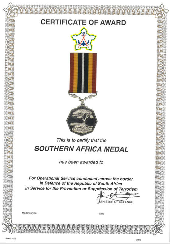 SA Army Certificate of Award for Operational Serviced Conducted Across the Boarder.