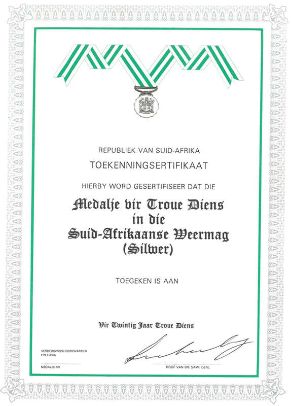 Toekinnings Certificate for 20 years service.
