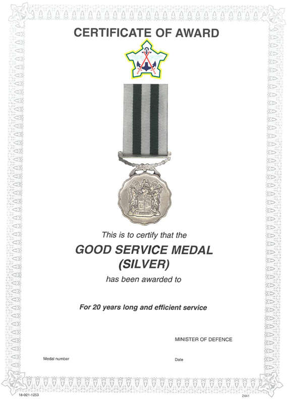 Good service medal certificate for 20 years long and efficient service.
