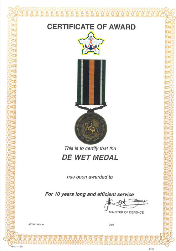 SA army DE Wet Certificate of Award for Ten years good service