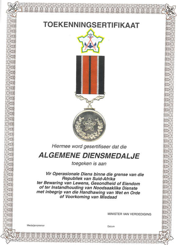 SA Army Toekennings sertifikaat.