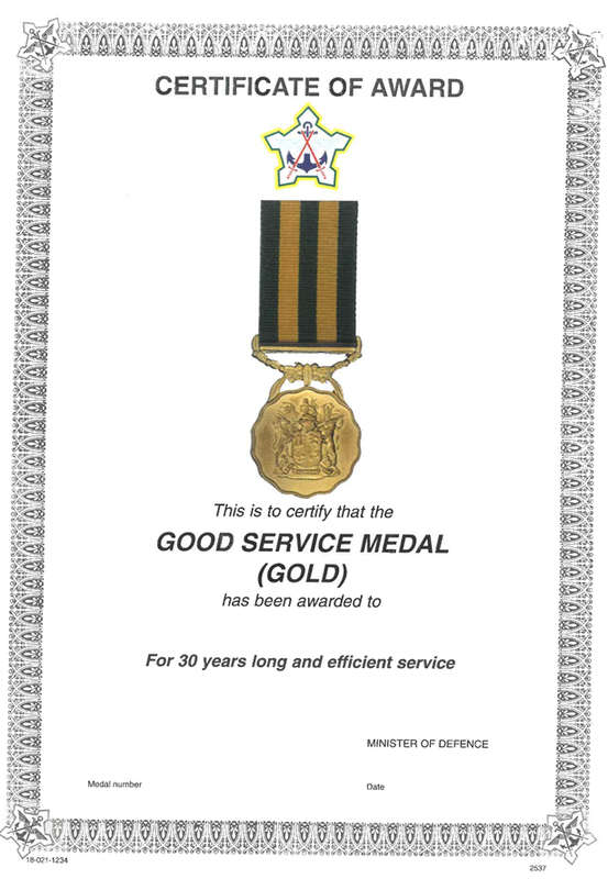 SA army Certificate of Award for 30 years good service