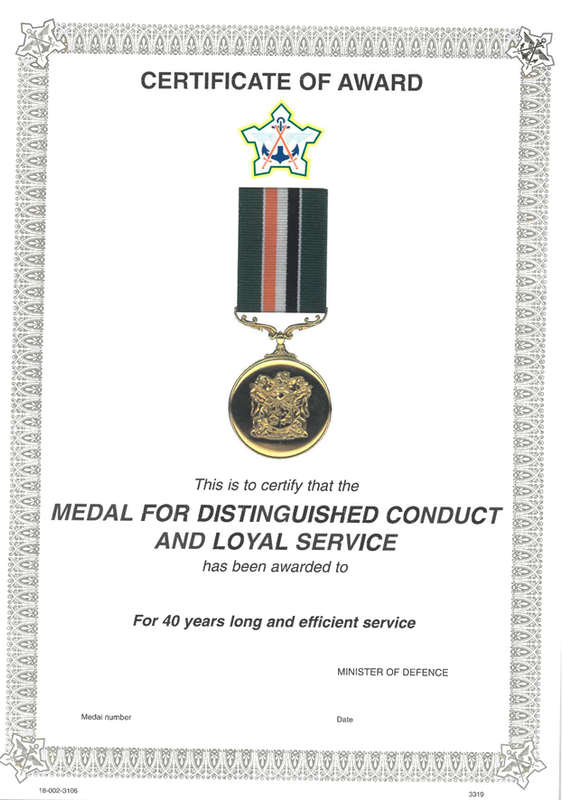 SA army Certificate of Award for 40 years For Distinguished Conduct and Loyal Service.