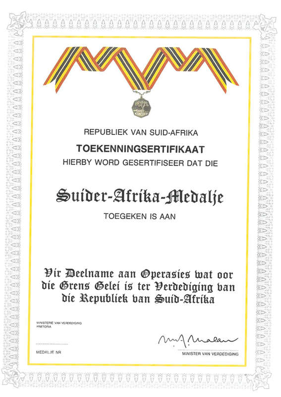 SA army Certificate of Award for Taking Part in Operations across the Boarder.