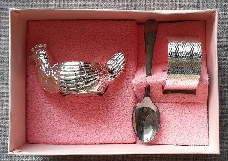 Vintage Queen Anne Silver Plated Child's Egg Breakfast Set, Chicken Egg Cup, Napkin Ring & Spoon