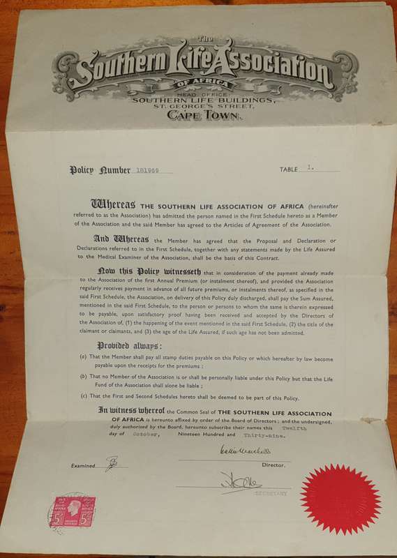 * 1939 * Southern Life Association Life Policy