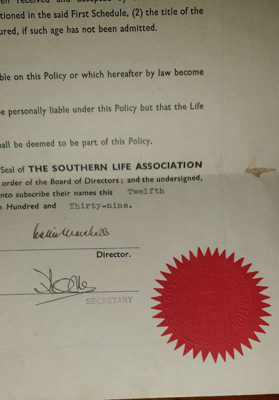 * 1939 * Southern Life Association Life Policy